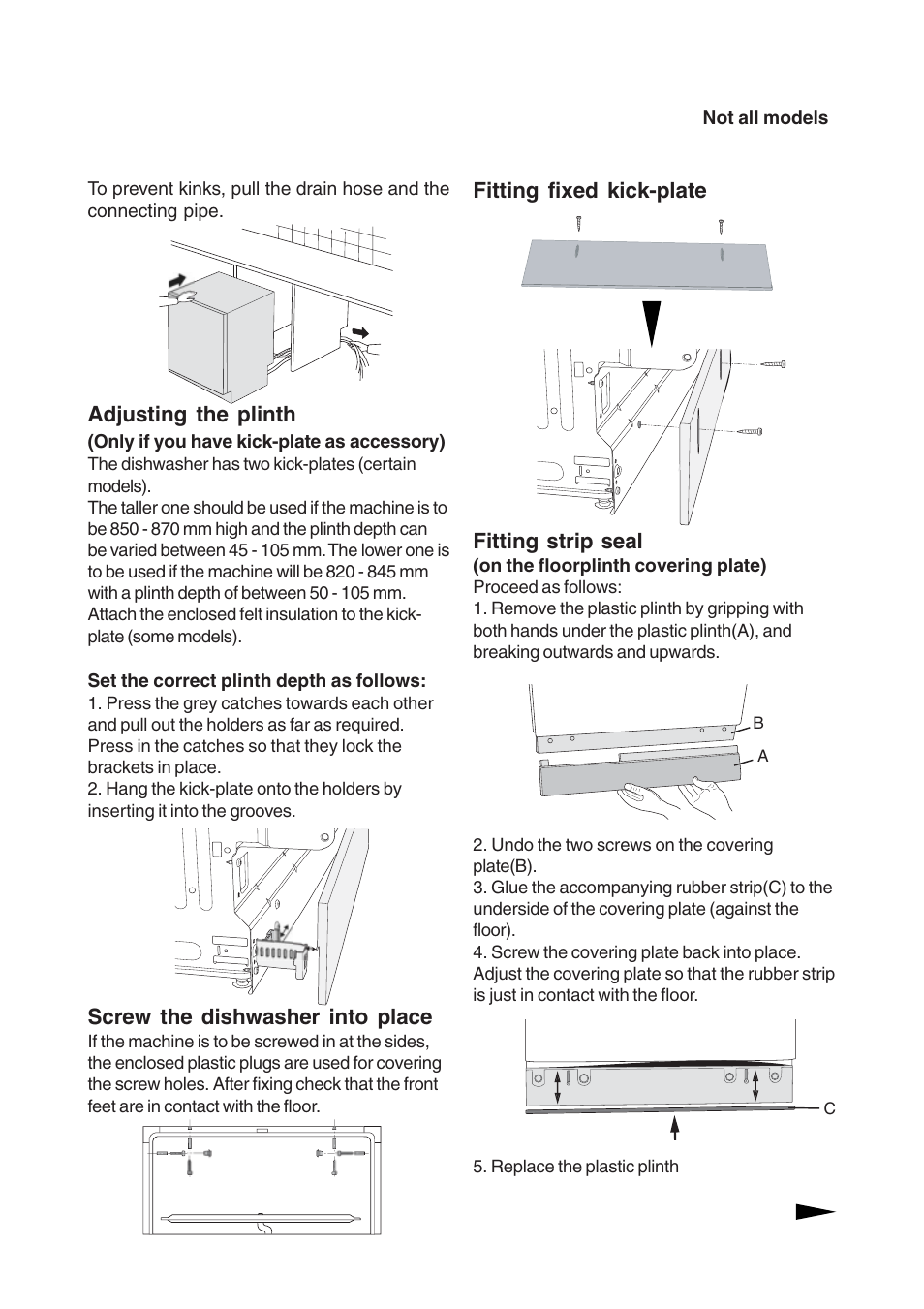 Adjusting the plinth, Screw the dishwasher into place, Fitting fixed kick-plate fitting strip seal | Maytag 860S User Manual | Page 33 / 40