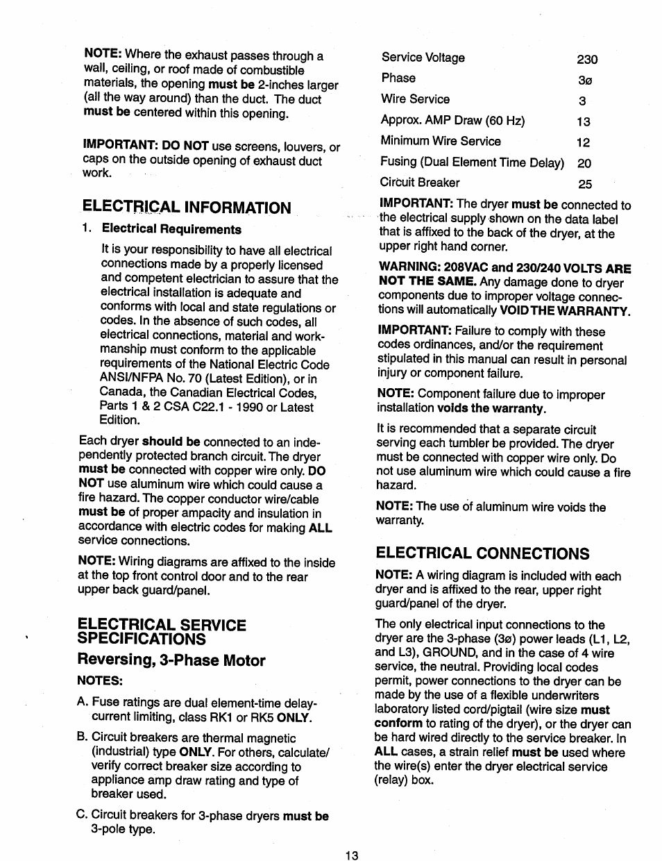 Electbiical information, Electrical connections | Maytag MDG120 User Manual | Page 13 / 20