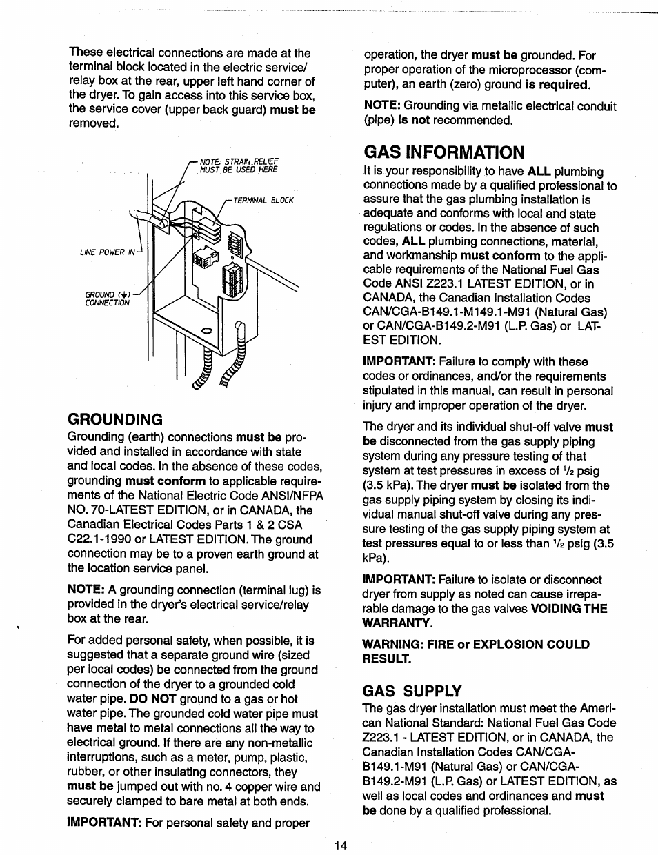 Gas information, Grounding, Gas supply | Maytag MDG120 User Manual | Page 14 / 20