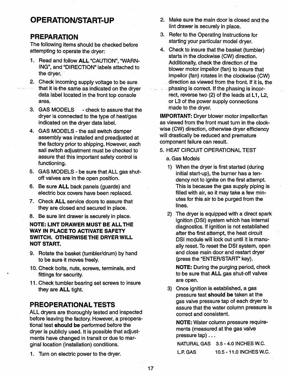 Operation/start-up, Preparation, Preoperational tests | Maytag MDG120 User Manual | Page 17 / 20