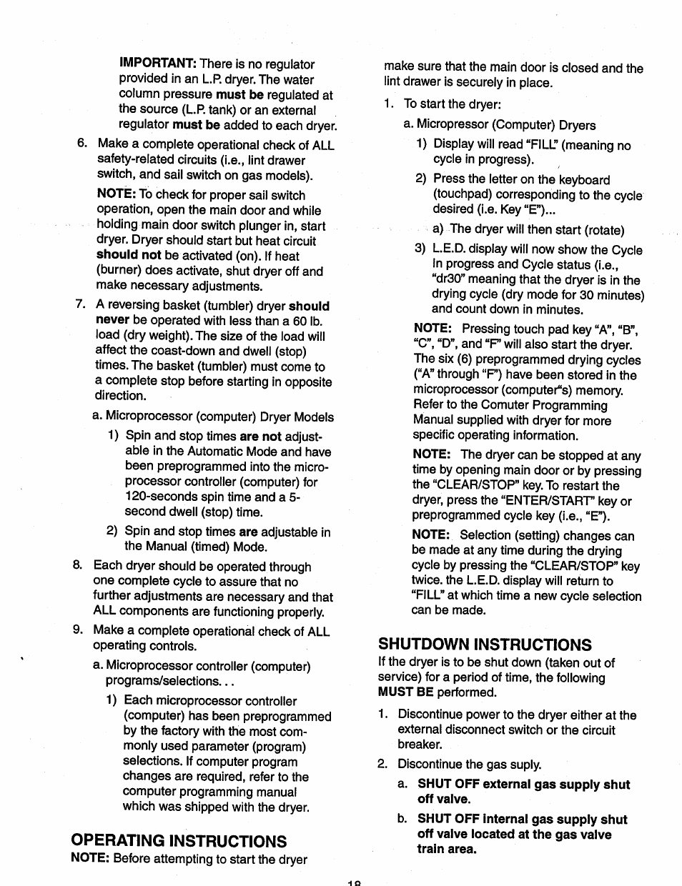 Operating instructions, Shutdown instructions | Maytag MDG120 User Manual | Page 18 / 20