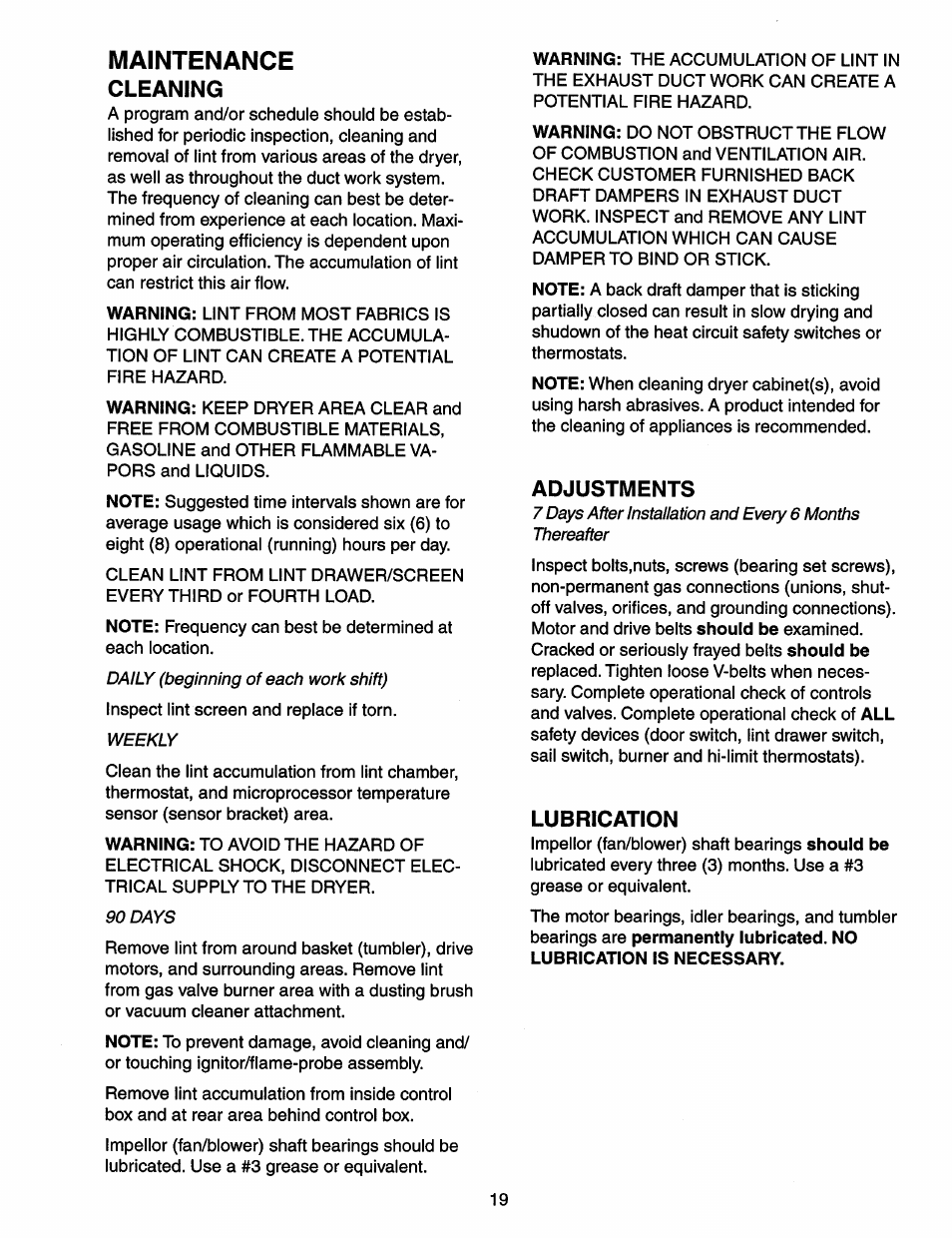 Maintenance, Cleaning, Adjustments | Lubrication | Maytag MDG120 User Manual | Page 19 / 20