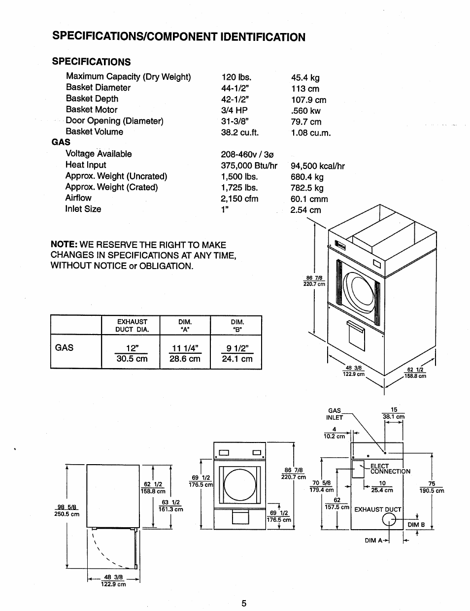 Specifications/component identification | Maytag MDG120 User Manual | Page 5 / 20