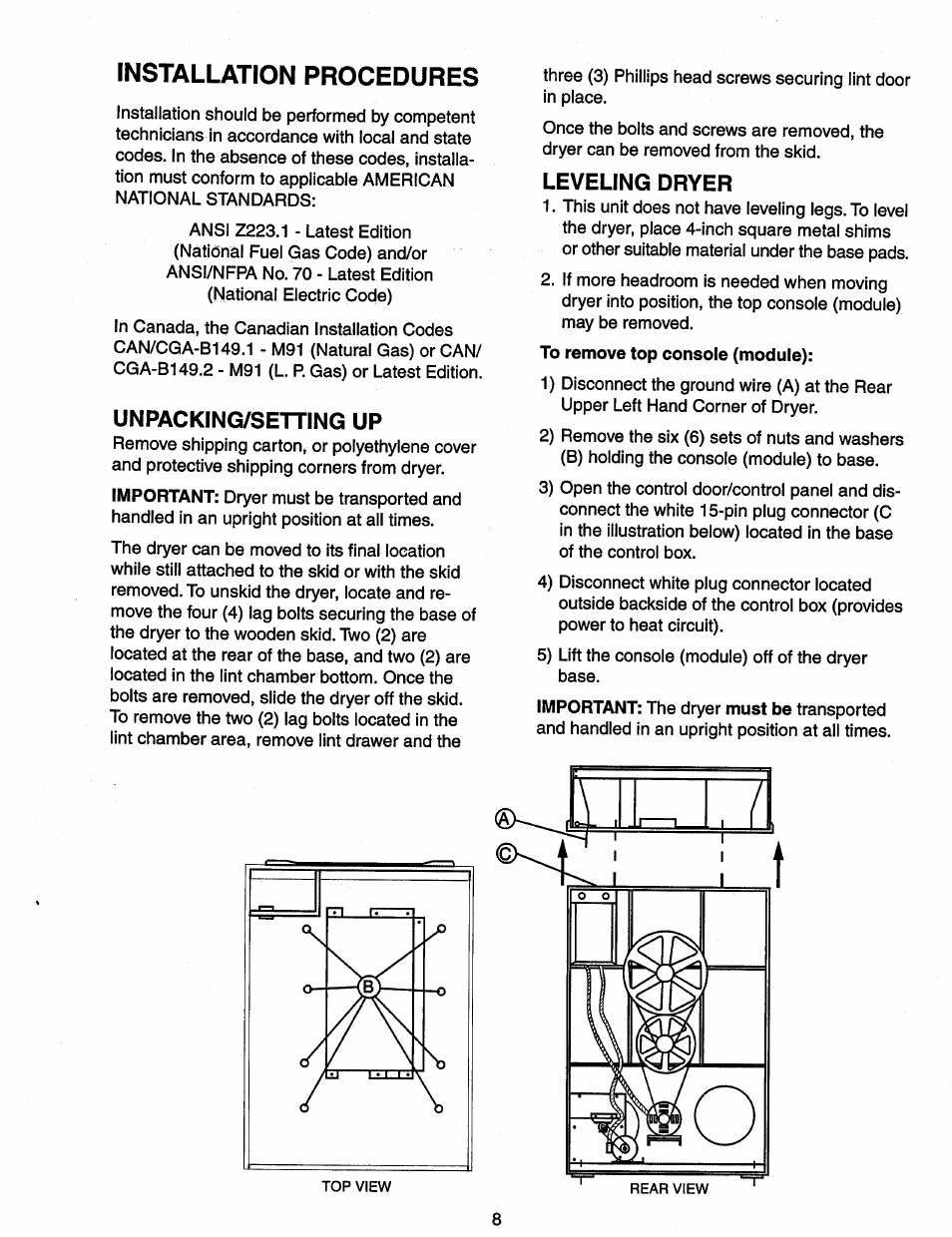 Installation procedures, Installation requirements, Unpacking/settrng up | Leveling dryer | Maytag MDG120 User Manual | Page 8 / 20