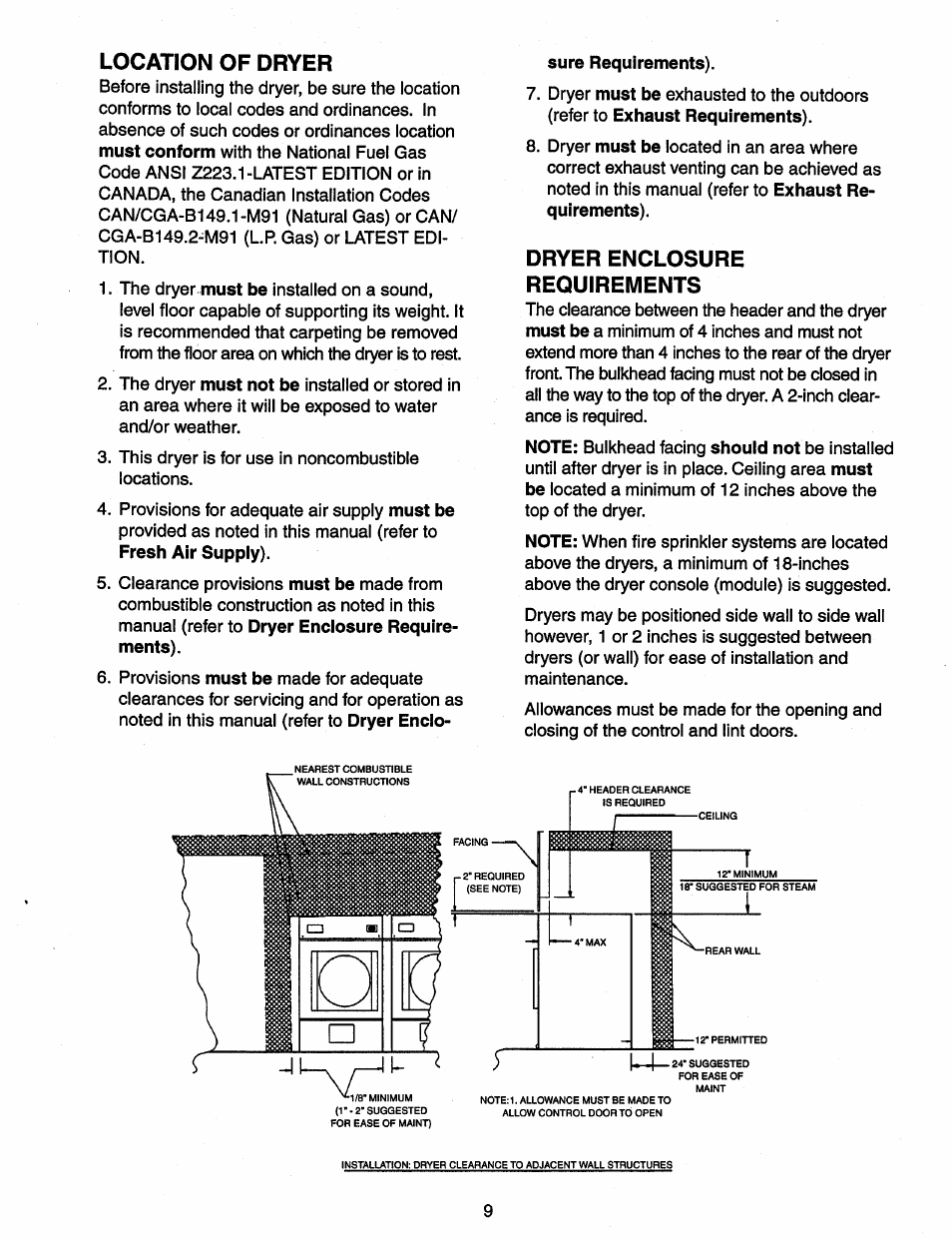 Location of dryer, Dryer enclosure requirements | Maytag MDG120 User Manual | Page 9 / 20