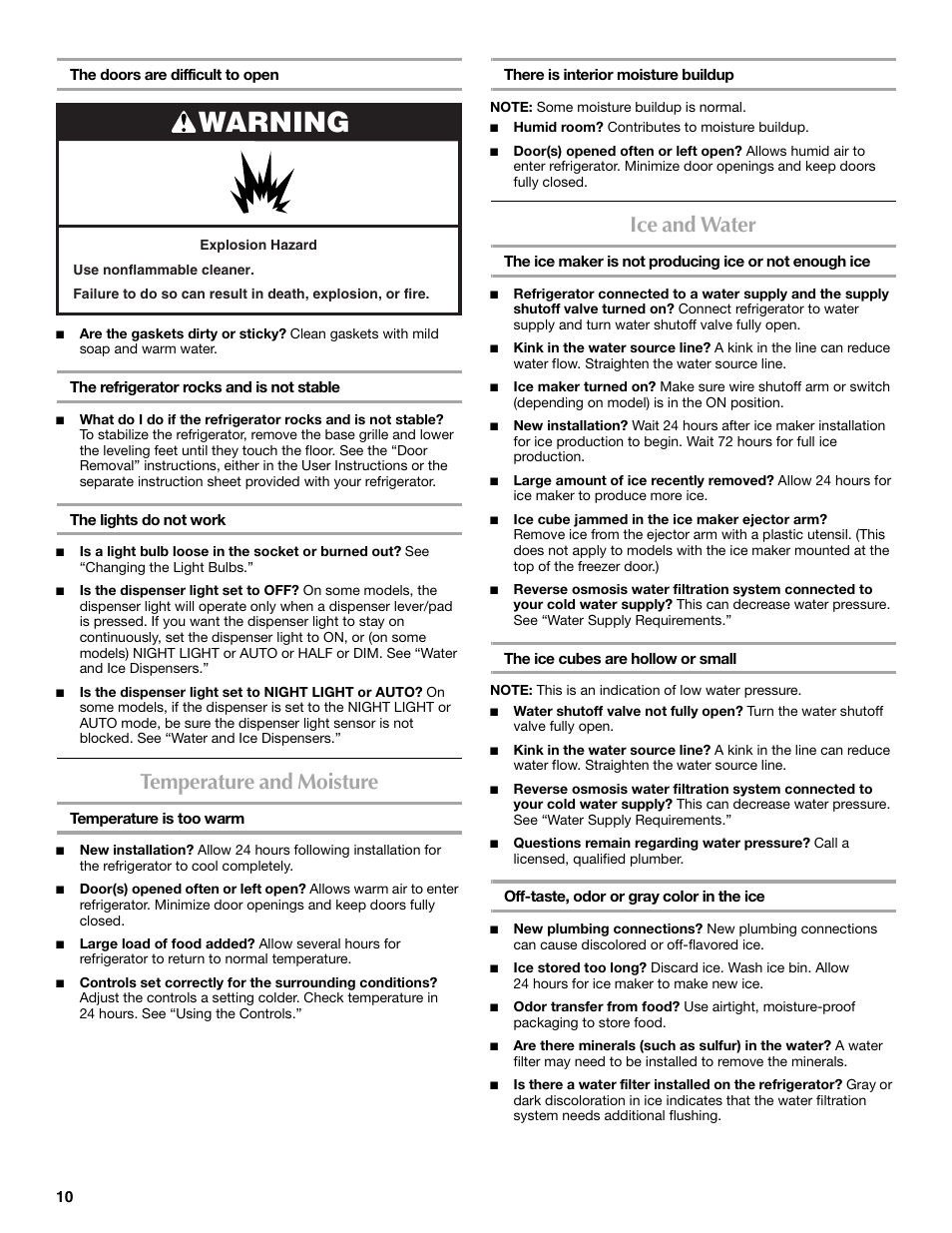 Warning, Temperature and moisture, Ice and water | Maytag P1WG2L User Manual | Page 10 / 52