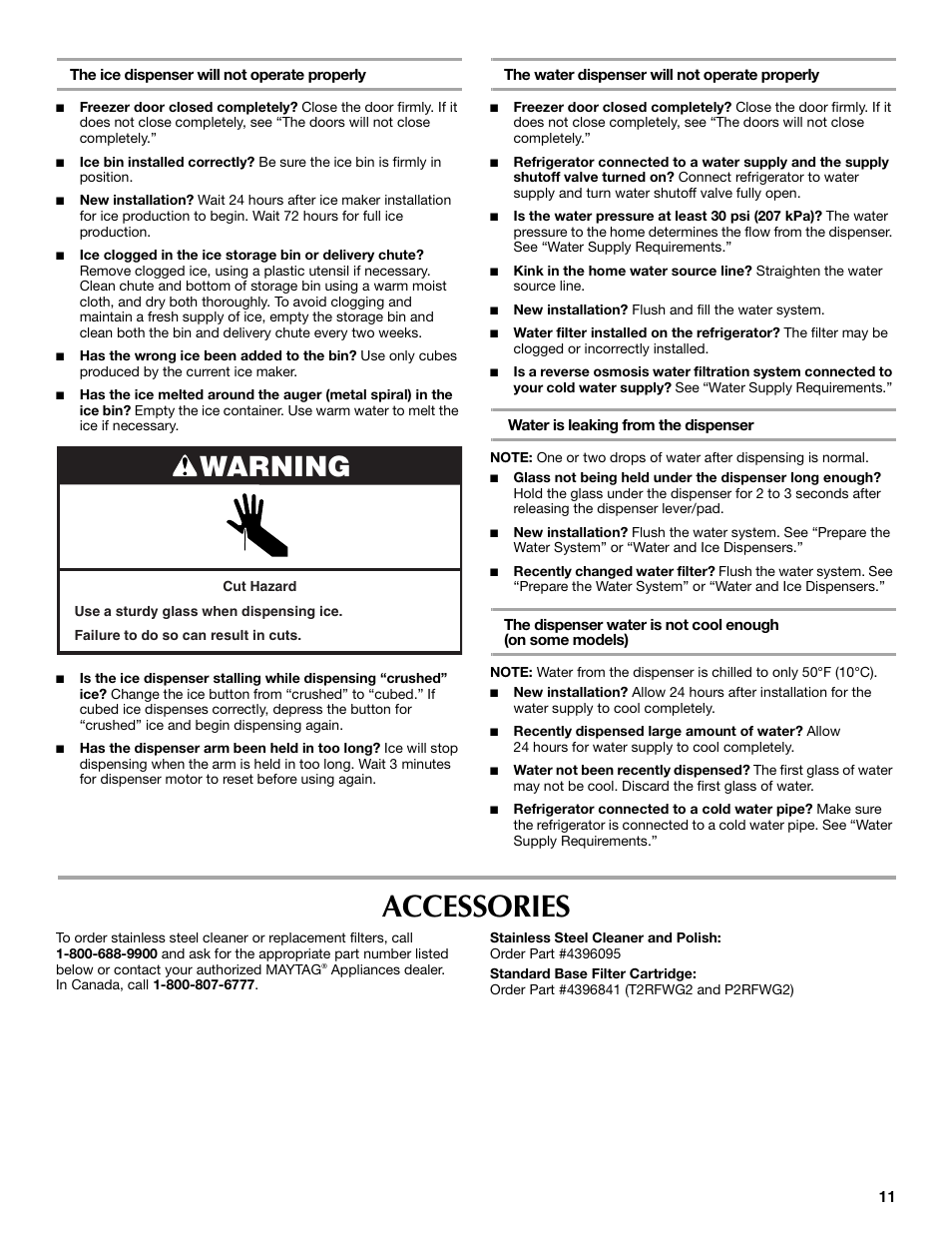 Accessories, Warning | Maytag P1WG2L User Manual | Page 11 / 52