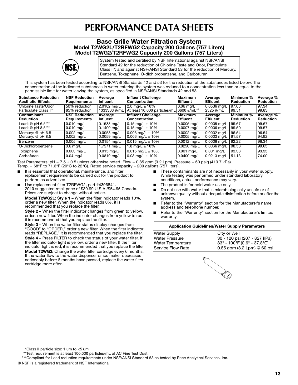 Performance data sheets, Base grille water filtration system | Maytag P1WG2L User Manual | Page 13 / 52