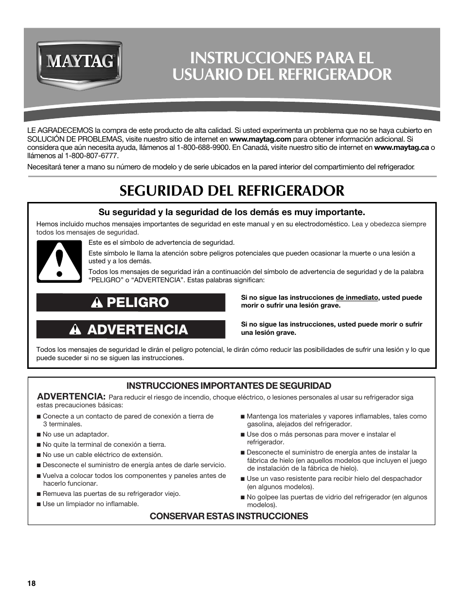 Instrucciones para el usuario del refrigerador, Seguridad del refrigerador, Advertencia peligro | Maytag P1WG2L User Manual | Page 18 / 52