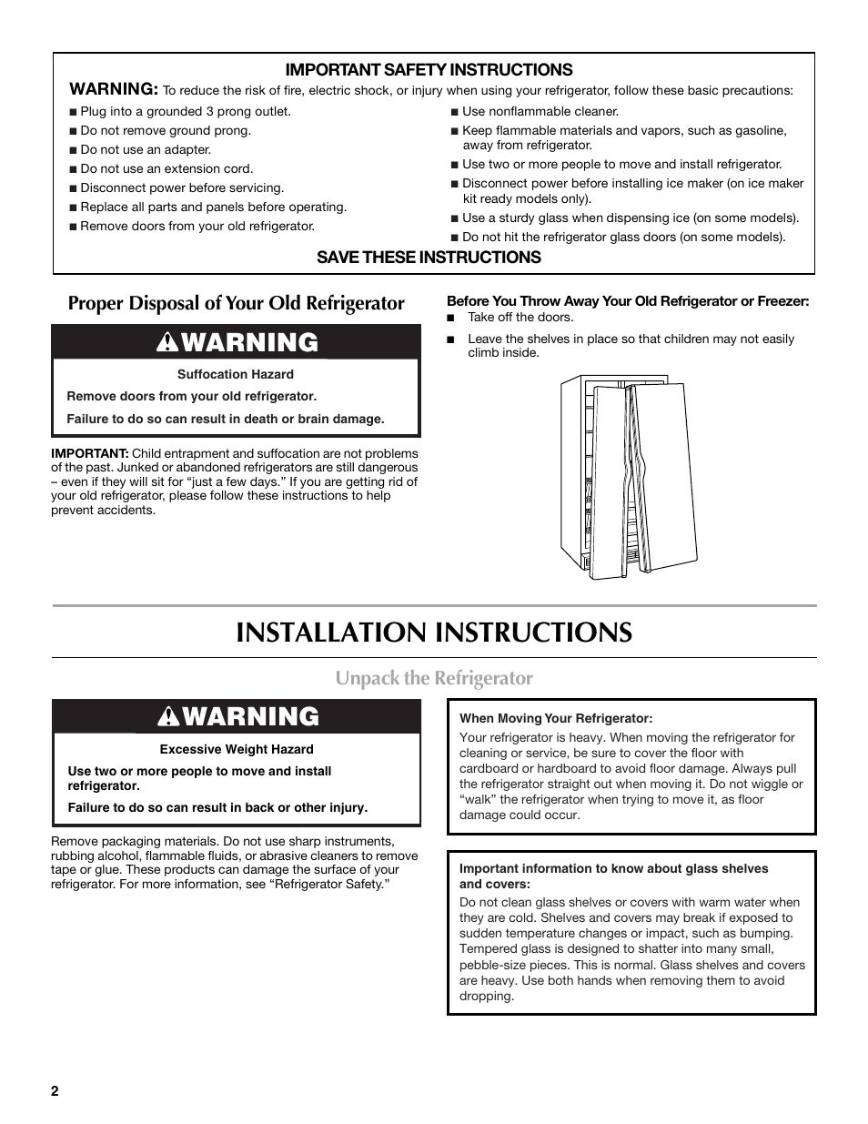 Installation instructions, Warning, Unpack the refrigerator | Proper disposal of your old refrigerator, Important safety instructions warning, Save these instructions | Maytag P1WG2L User Manual | Page 2 / 52