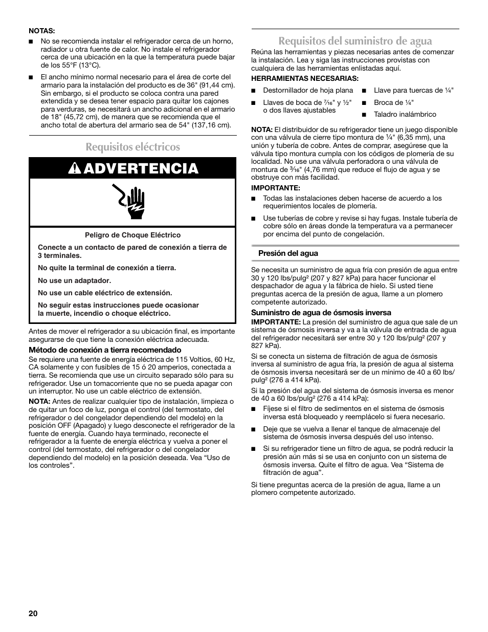 Advertencia, Requisitos eléctricos, Requisitos del suministro de agua | Maytag P1WG2L User Manual | Page 20 / 52