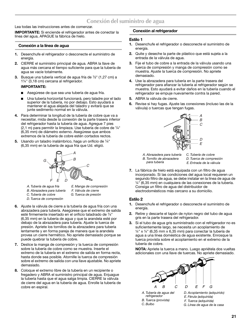 Conexión del suministro de agua | Maytag P1WG2L User Manual | Page 21 / 52