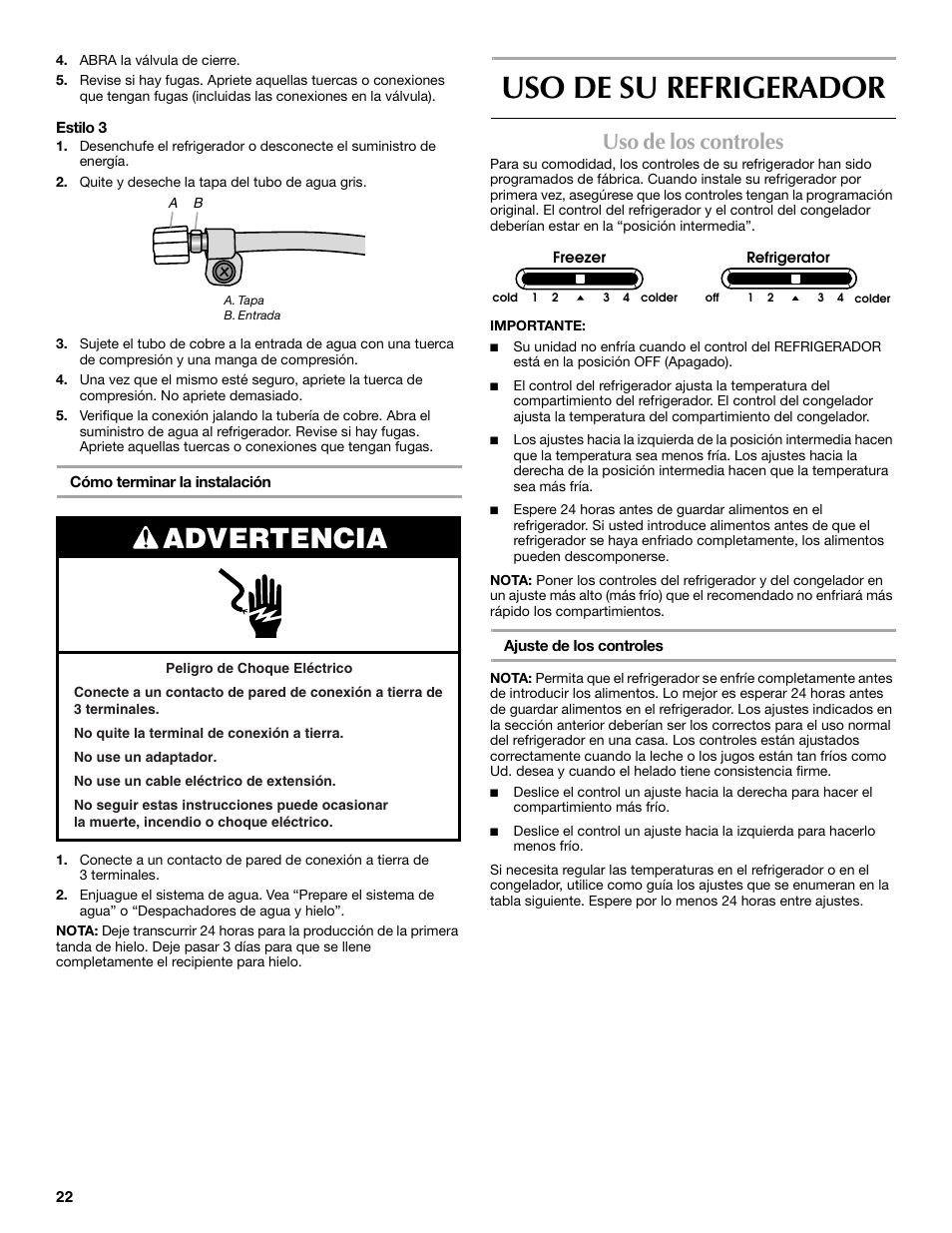 Uso de su refrigerador, Advertencia, Uso de los controles | Maytag P1WG2L User Manual | Page 22 / 52