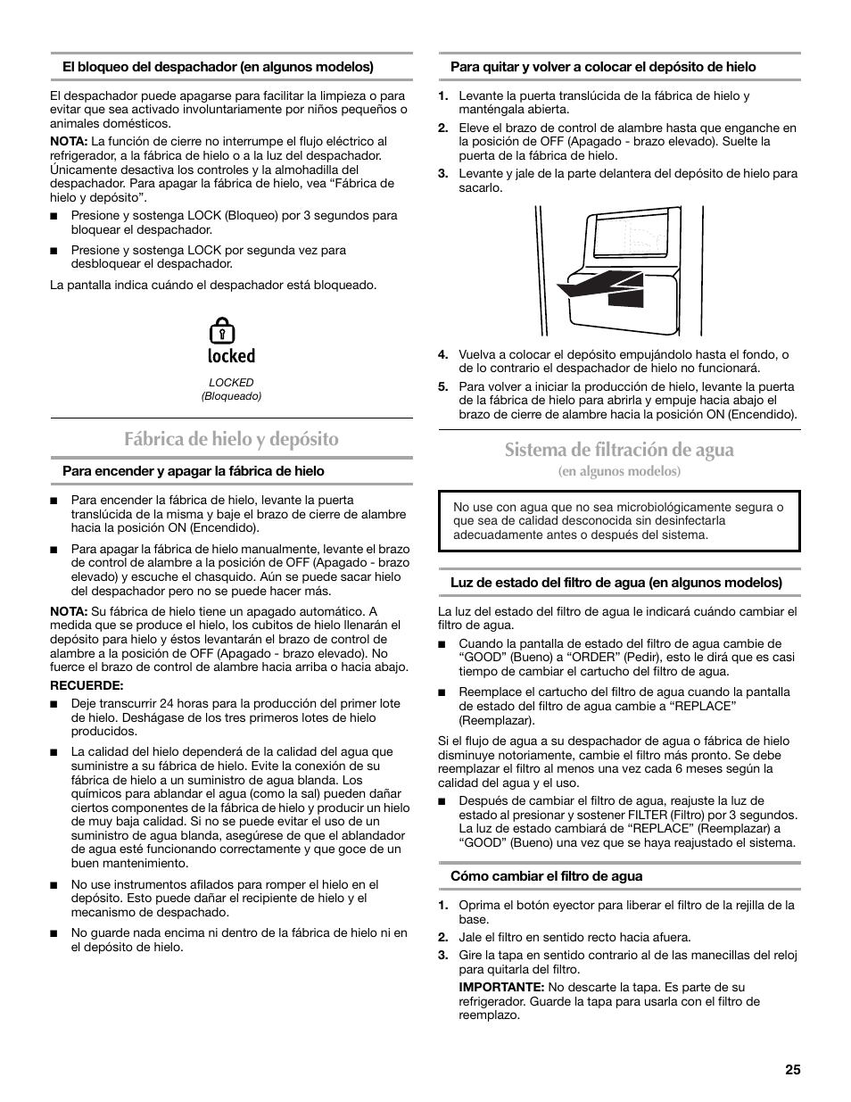 Fábrica de hielo y depósito, Sistema de filtración de agua | Maytag P1WG2L User Manual | Page 25 / 52