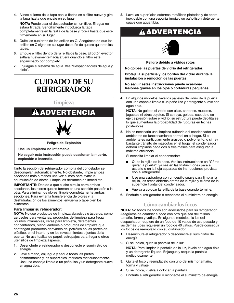 Cuidado de su refrigerador, Advertencia, Limpieza | Cómo cambiar los focos | Maytag P1WG2L User Manual | Page 26 / 52