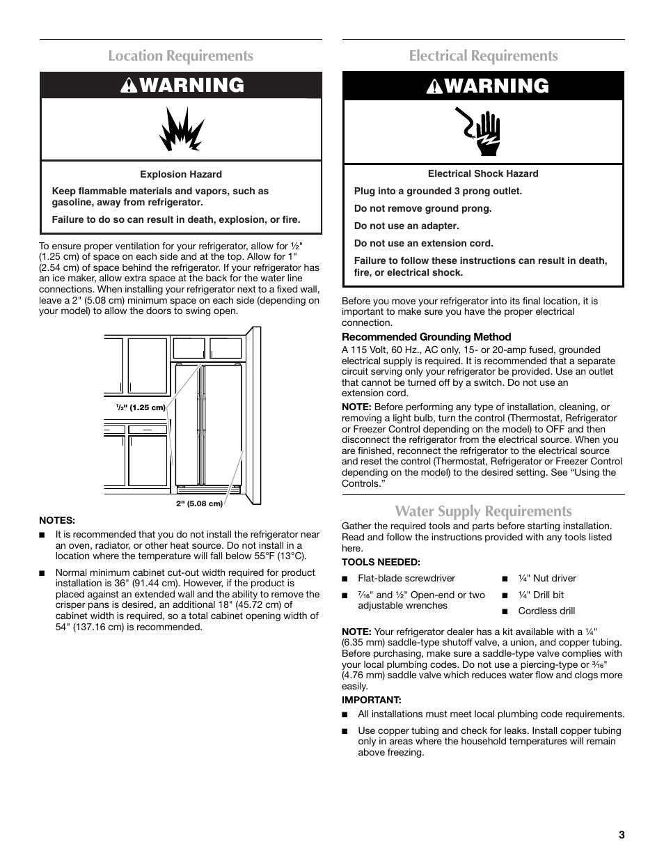 Warning, Location requirements, Electrical requirements | Water supply requirements | Maytag P1WG2L User Manual | Page 3 / 52