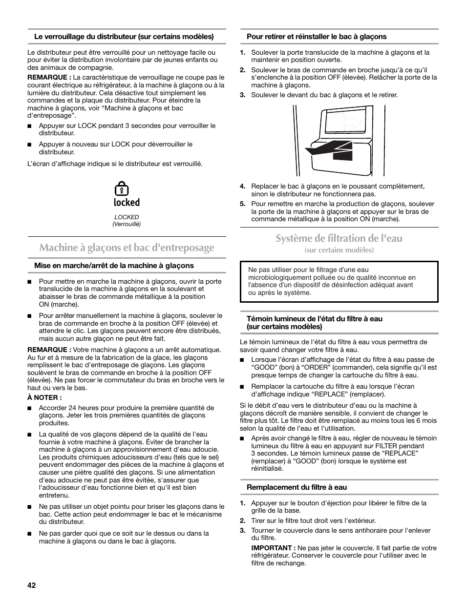 Machine à glaçons et bac d'entreposage, Système de filtration de l'eau | Maytag P1WG2L User Manual | Page 42 / 52