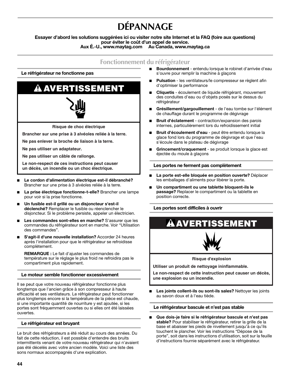 Dépannage, Avertissement, Fonctionnement du réfrigérateur | Maytag P1WG2L User Manual | Page 44 / 52