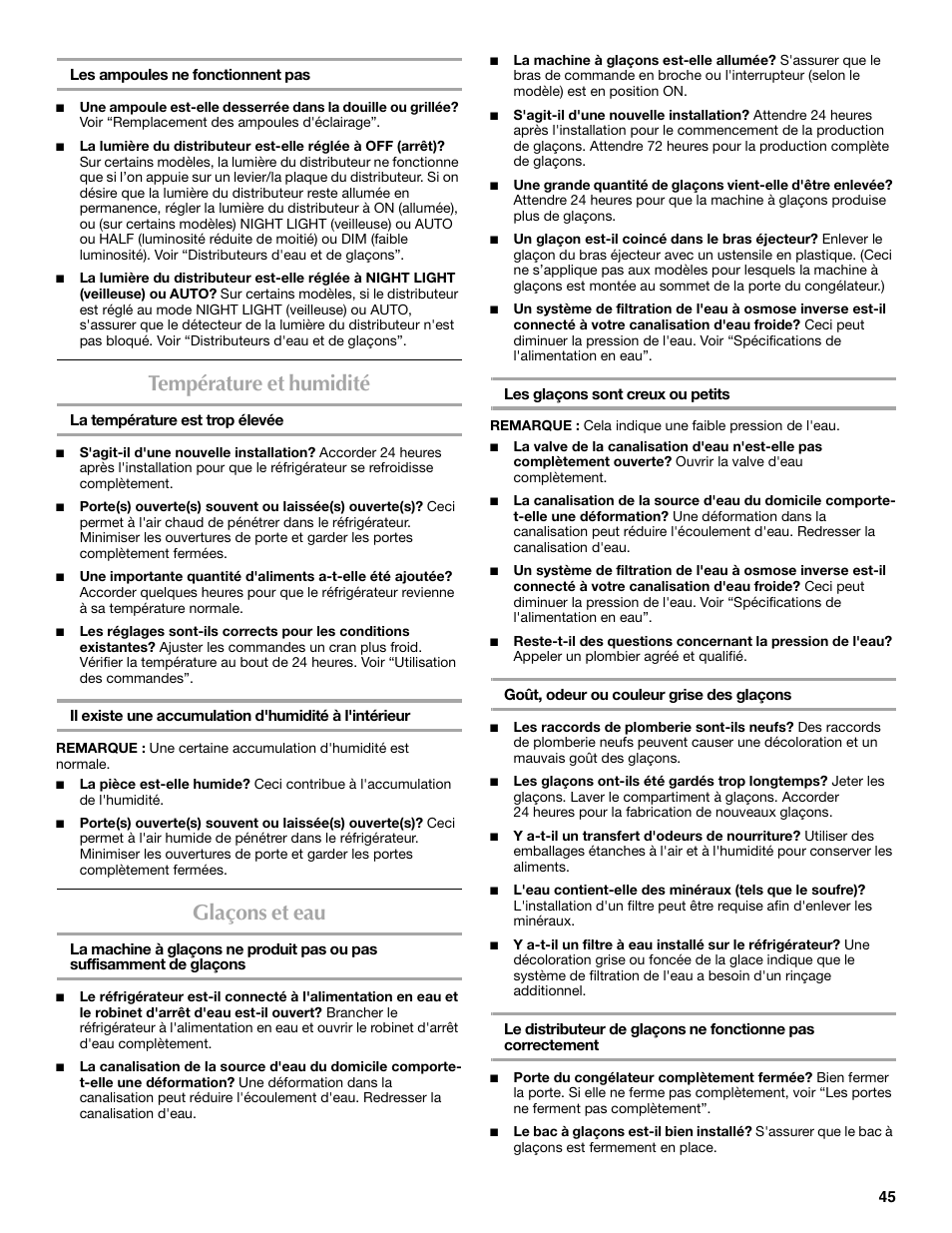 Température et humidité, Glaçons et eau | Maytag P1WG2L User Manual | Page 45 / 52