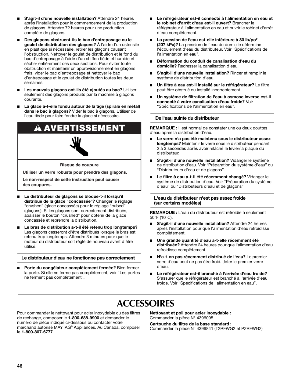 Accessoires, Avertissement | Maytag P1WG2L User Manual | Page 46 / 52