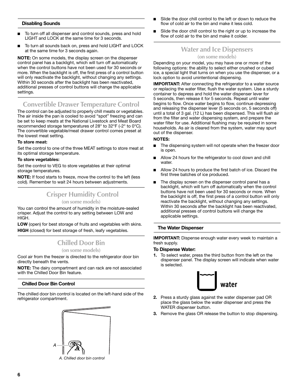 Convertible drawer temperature control, Crisper humidity control, Chilled door bin | Water and ice dispensers | Maytag P1WG2L User Manual | Page 6 / 52