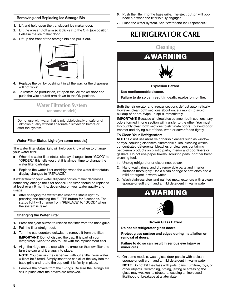 Refrigerator care, Warning, Water filtration system | Cleaning | Maytag P1WG2L User Manual | Page 8 / 52