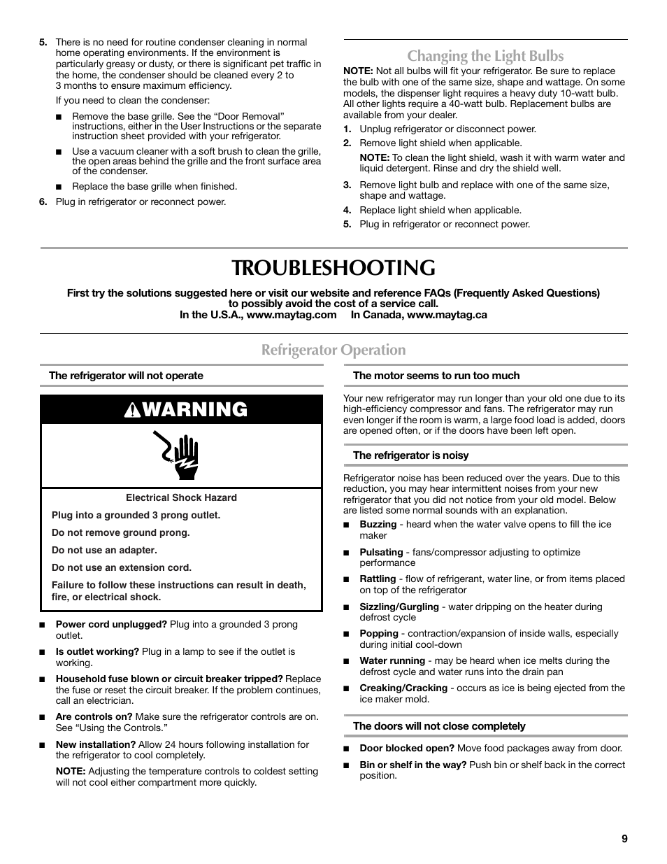 Troubleshooting, Warning, Changing the light bulbs | Refrigerator operation | Maytag P1WG2L User Manual | Page 9 / 52