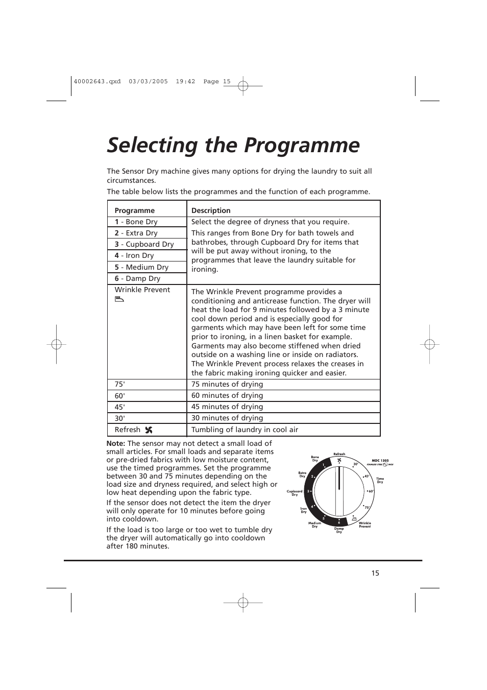 Selecting the programme | Maytag MDC1305AAW User Manual | Page 15 / 20
