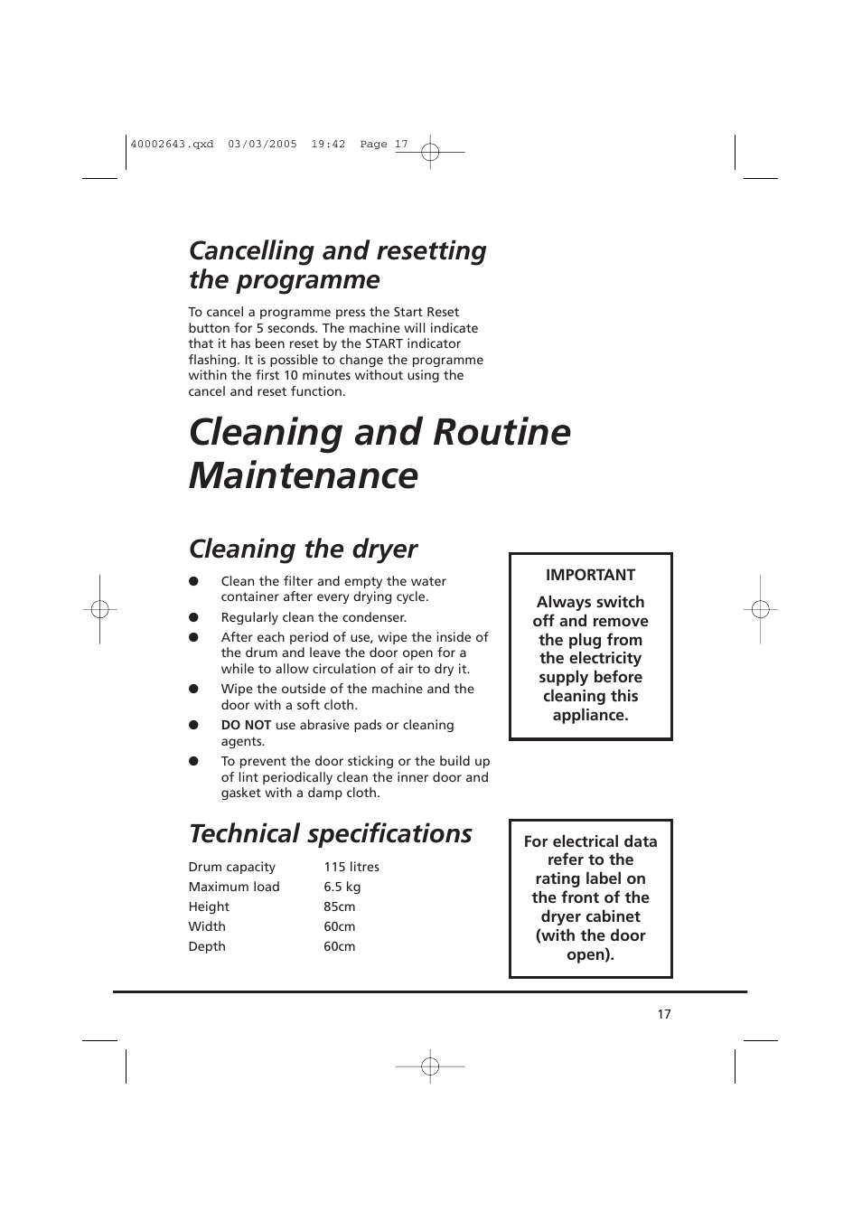 Cleaning and routine maintenance, Cancelling and resetting the programme, Cleaning the dryer | Technical specifications | Maytag MDC1305AAW User Manual | Page 17 / 20
