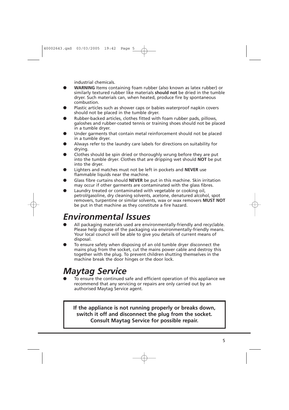 Environmental issues, Maytag service | Maytag MDC1305AAW User Manual | Page 5 / 20
