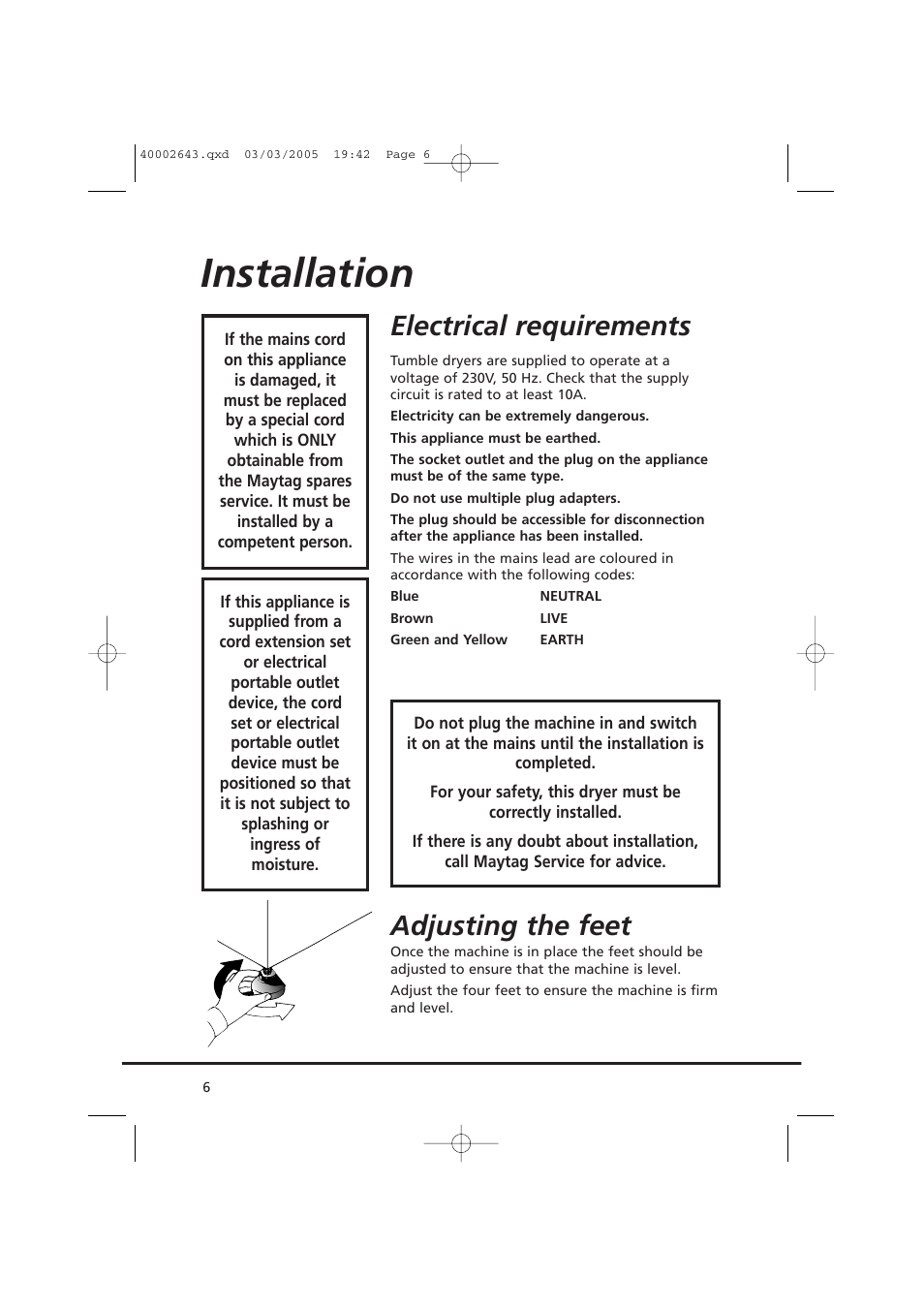 Installation, Electrical requirements, Adjusting the feet | Maytag MDC1305AAW User Manual | Page 6 / 20