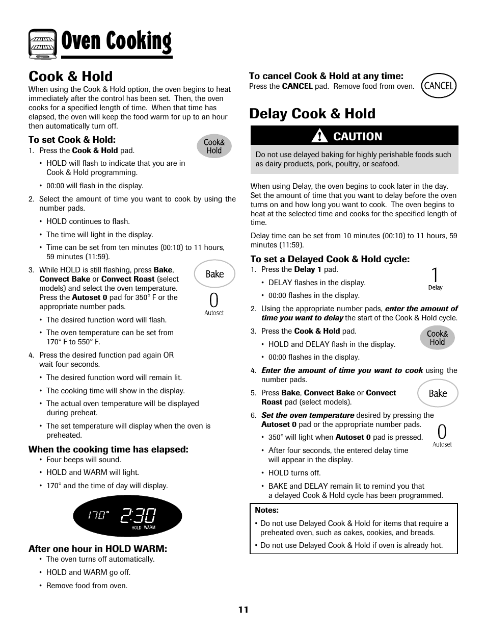 Oven cooking, Cook & hold, Delay cook & hold | Caution | Maytag MGS5875BDW User Manual | Page 12 / 84