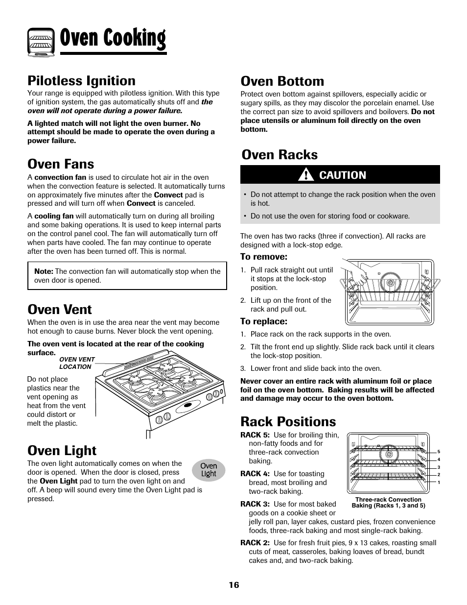 Oven cooking, Oven light, Oven fans | Oven racks, Rack positions, Pilotless ignition, Oven vent, Oven bottom, Caution | Maytag MGS5875BDW User Manual | Page 17 / 84