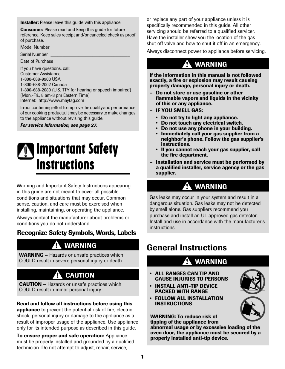 Important safety instructions, General instructions | Maytag MGS5875BDW User Manual | Page 2 / 84