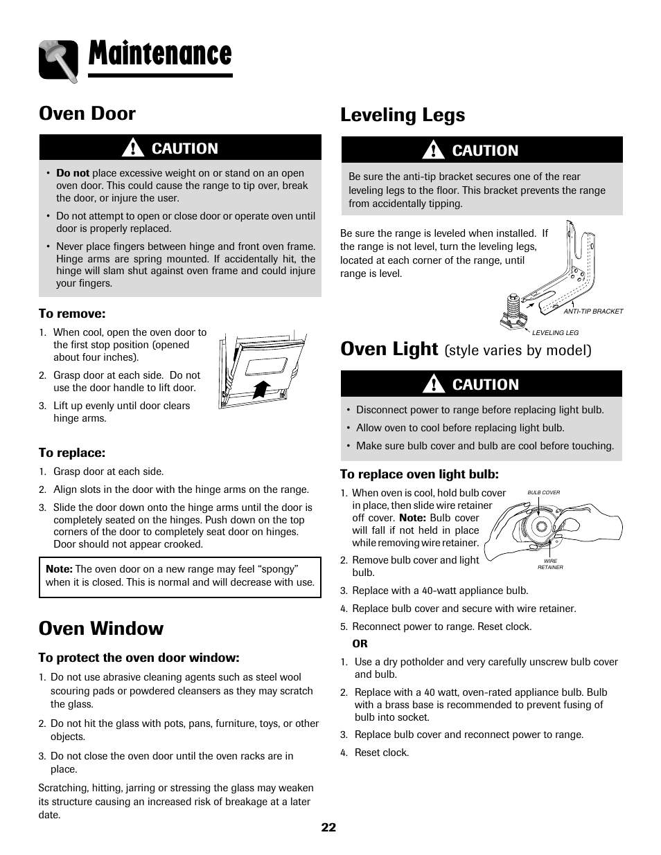 Maintenance, Oven window, Oven light | Leveling legs, Oven door, Style varies by model), Caution | Maytag MGS5875BDW User Manual | Page 23 / 84