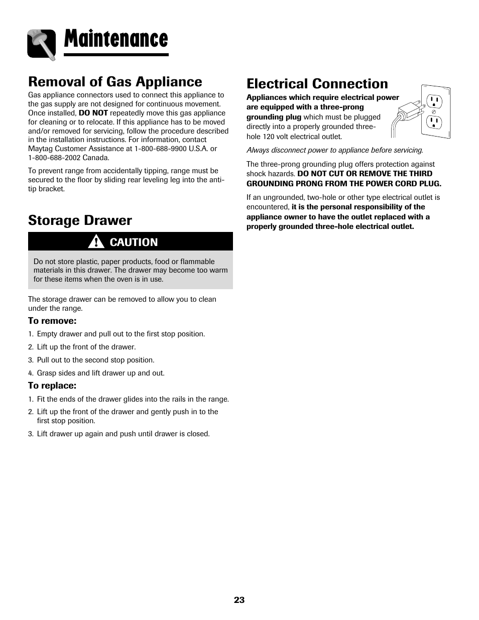 Maintenance, Storage drawer, Removal of gas appliance | Electrical connection | Maytag MGS5875BDW User Manual | Page 24 / 84