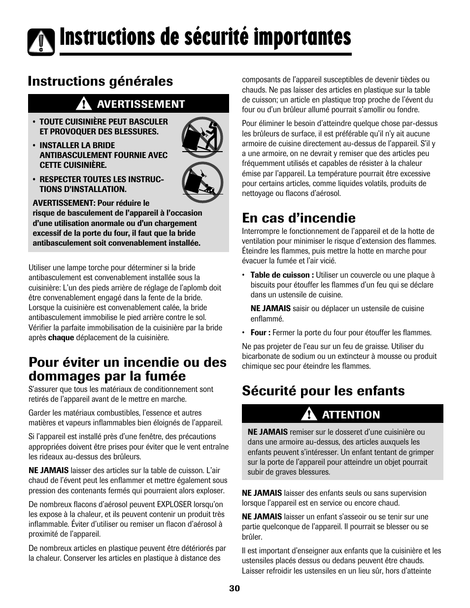 Instructions de sécurité importantes, Instructions générales, En cas d’incendie | Sécurité pour les enfants | Maytag MGS5875BDW User Manual | Page 31 / 84