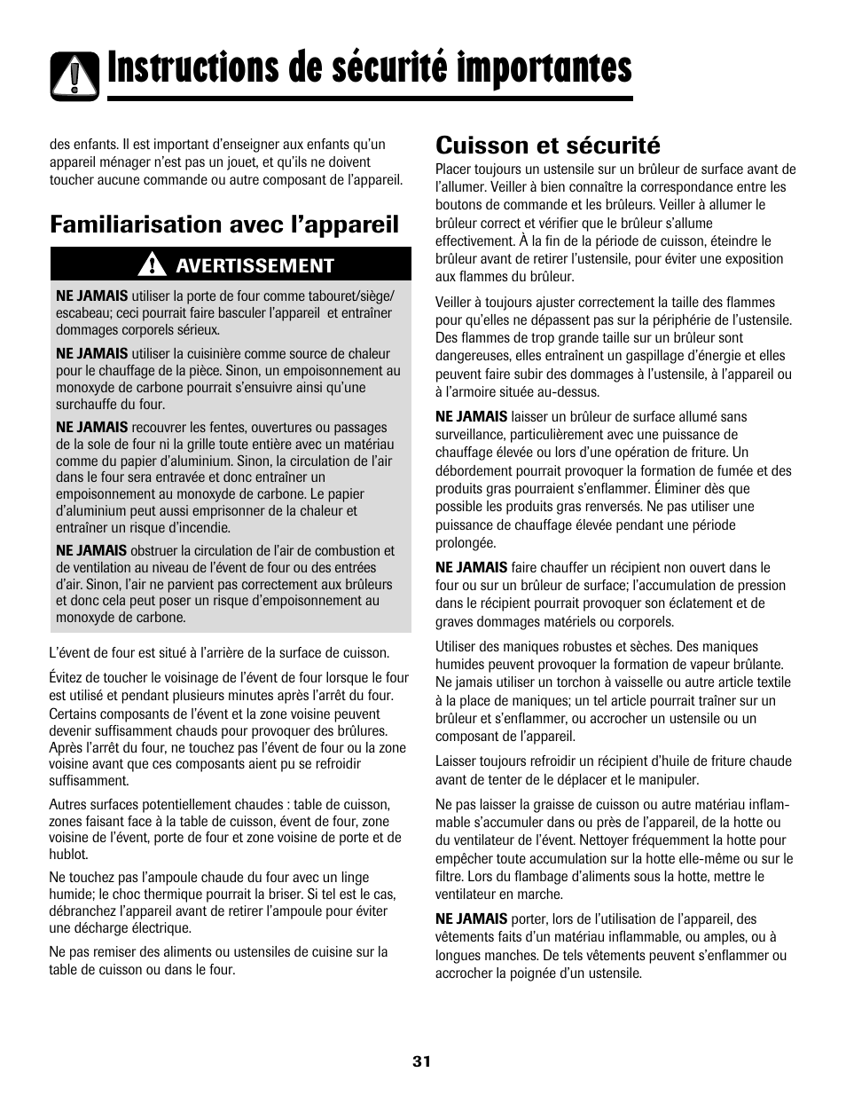 Instructions de sécurité importantes | Maytag MGS5875BDW User Manual | Page 32 / 84