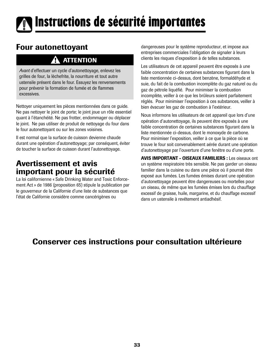 Instructions de sécurité importantes, Avertissement et avis important pour la sécurité | Maytag MGS5875BDW User Manual | Page 34 / 84