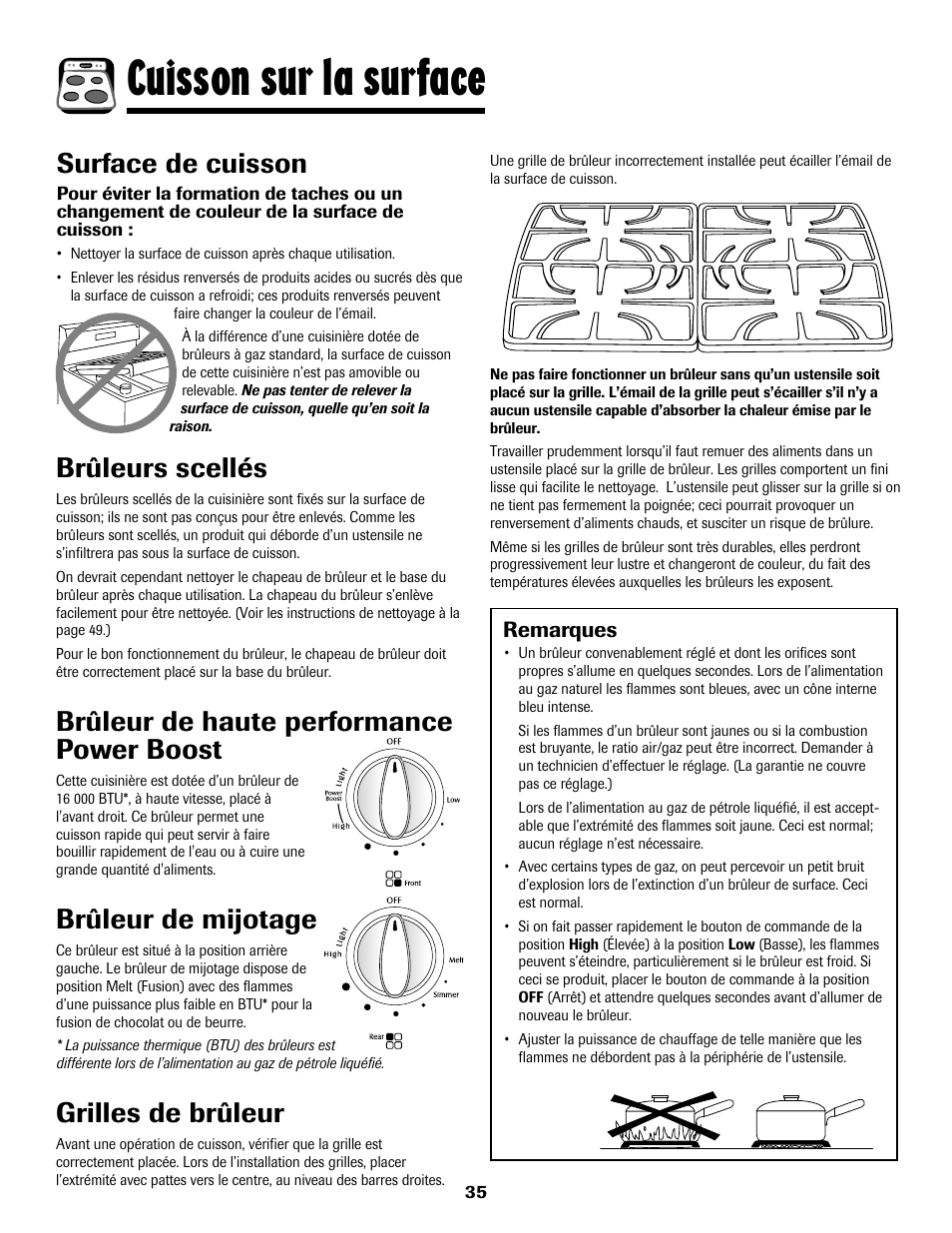 Cuisson sur la surface, Surface de cuisson, Brûleurs scellés | Brûleur de haute performance power boost, Brûleur de mijotage, Grilles de brûleur | Maytag MGS5875BDW User Manual | Page 36 / 84