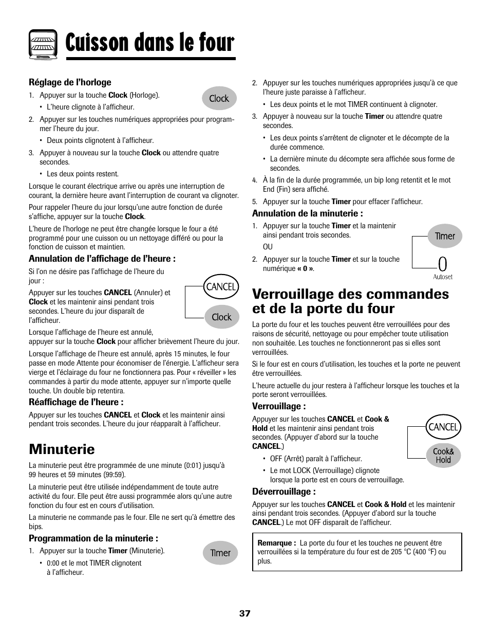 Cuisson dans le four, Minuterie, Verrouillage des commandes et de la porte du four | Maytag MGS5875BDW User Manual | Page 38 / 84