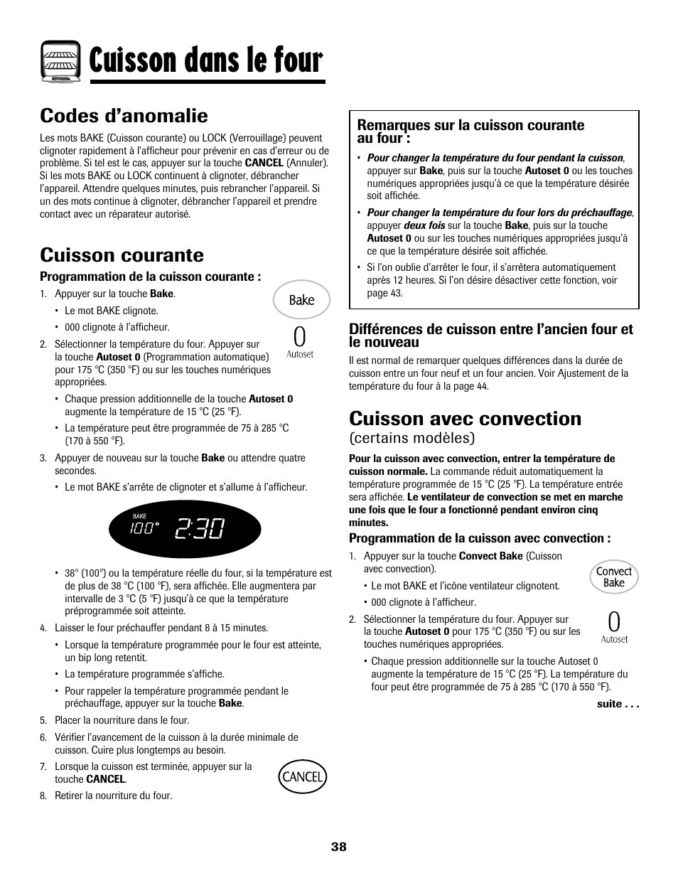 Cuisson dans le four, Codes d’anomalie, Cuisson courante | Cuisson avec convection, Remarques sur la cuisson courante au four, Certains modèles) | Maytag MGS5875BDW User Manual | Page 39 / 84