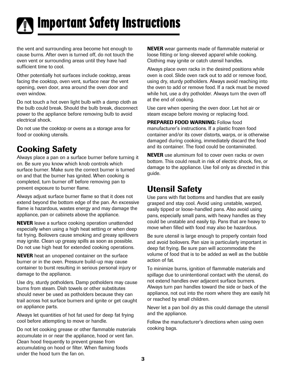 Important safety instructions, Utensil safety, Cooking safety | Maytag MGS5875BDW User Manual | Page 4 / 84