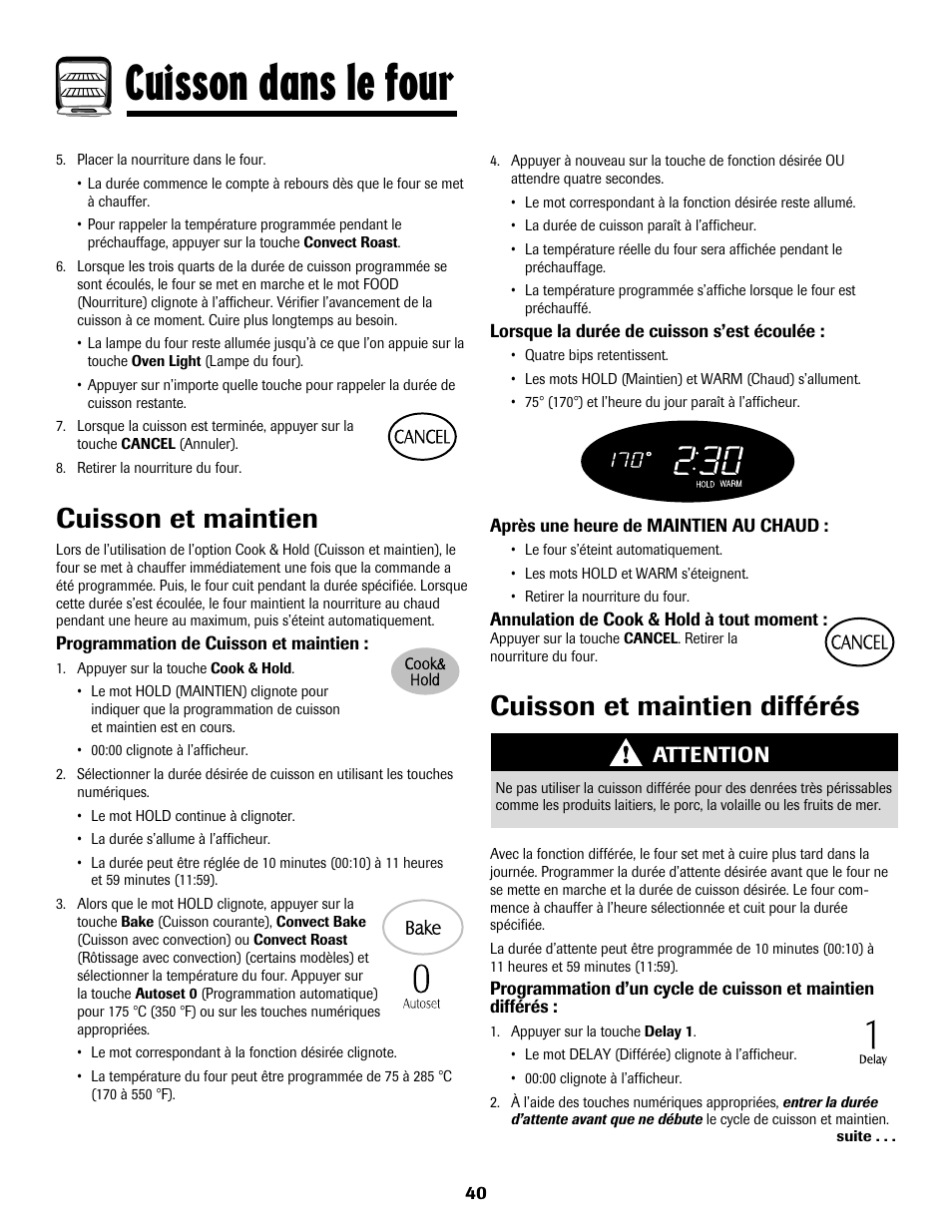 Cuisson dans le four, Cuisson et maintien, Cuisson et maintien différés | Attention | Maytag MGS5875BDW User Manual | Page 41 / 84