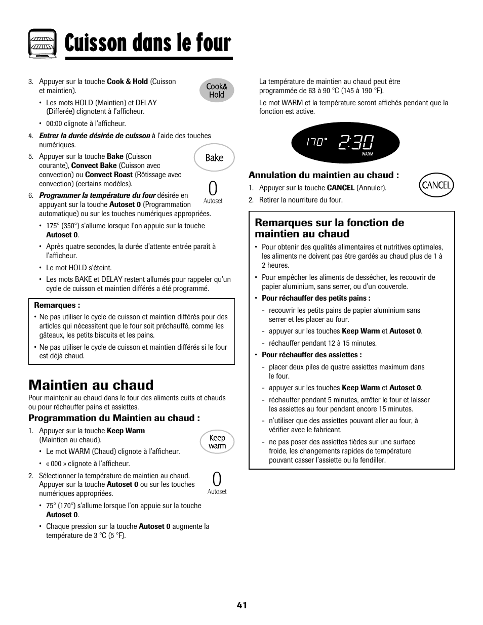 Cuisson dans le four, Maintien au chaud, Remarques sur la fonction de maintien au chaud | Maytag MGS5875BDW User Manual | Page 42 / 84