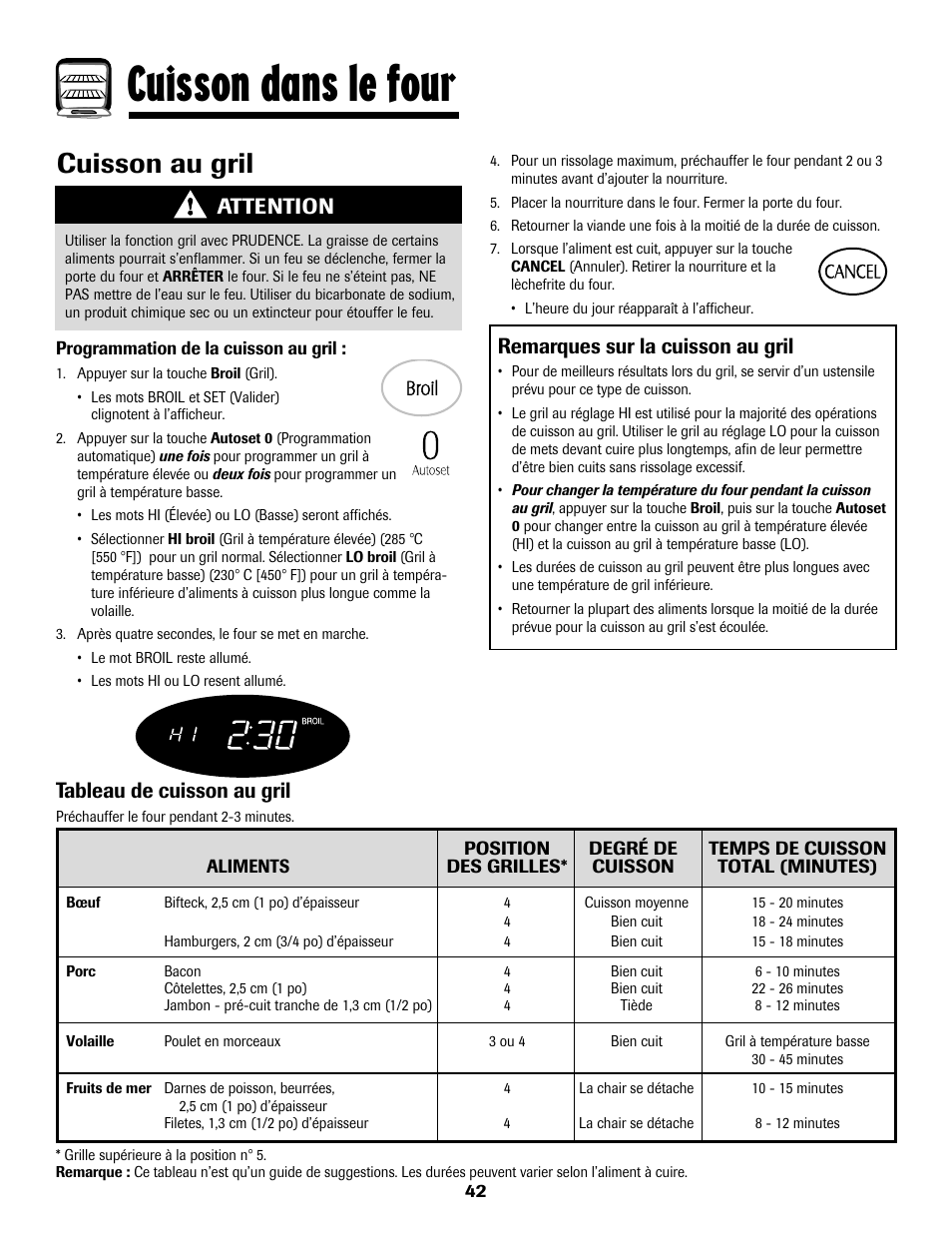 Cuisson dans le four, Cuisson au gril, Tableau de cuisson au gril | Remarques sur la cuisson au gril, Attention | Maytag MGS5875BDW User Manual | Page 43 / 84