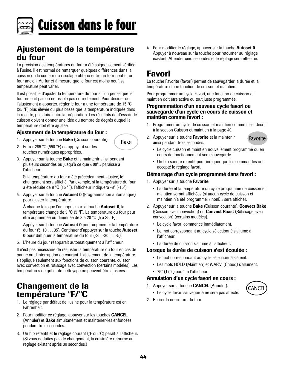 Cuisson dans le four, Favori, Ajustement de la température du four | Changement de la température | Maytag MGS5875BDW User Manual | Page 45 / 84