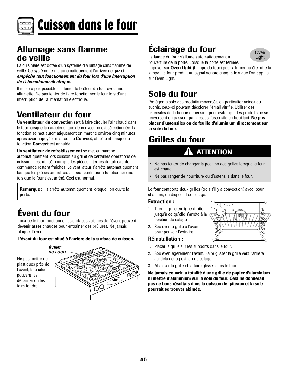 Cuisson dans le four, Éclairage du four, Sole du four | Ventilateur du four, Évent du four, Grilles du four, Allumage sans flamme de veille | Maytag MGS5875BDW User Manual | Page 46 / 84