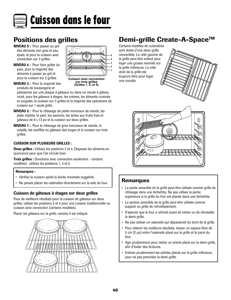 Cuisson dans le four, Demi-grille create-a-space, Positions des grilles | Remarques | Maytag MGS5875BDW User Manual | Page 47 / 84