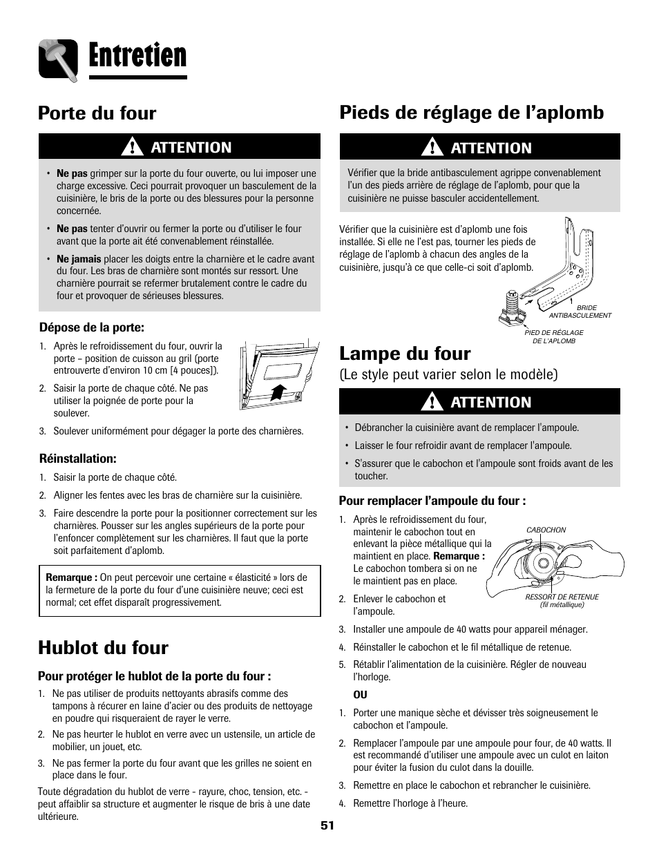 Entretien, Hublot du four, Lampe du four | Pieds de réglage de l’aplomb, Porte du four, Le style peut varier selon le modèle), Attention | Maytag MGS5875BDW User Manual | Page 52 / 84